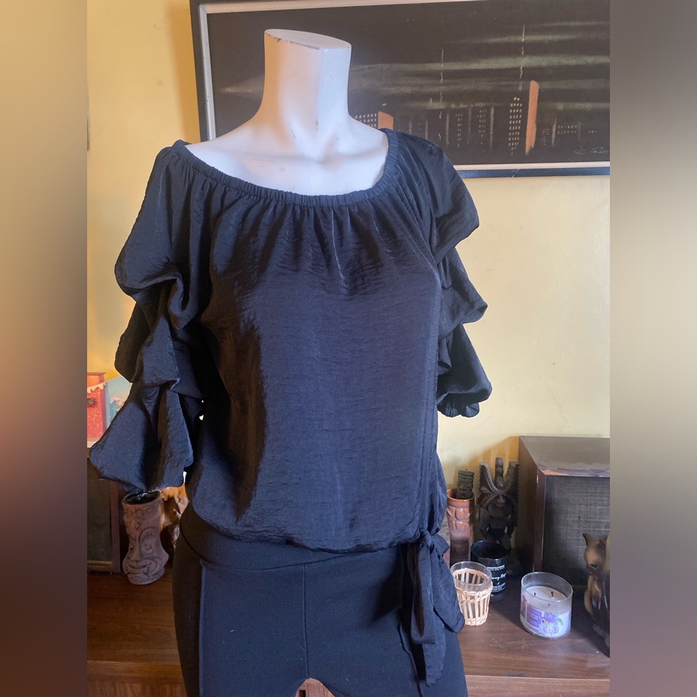 Ladies tiered bubble ruched ruffle sleeve tie blouse cocktail sexy chic gothic